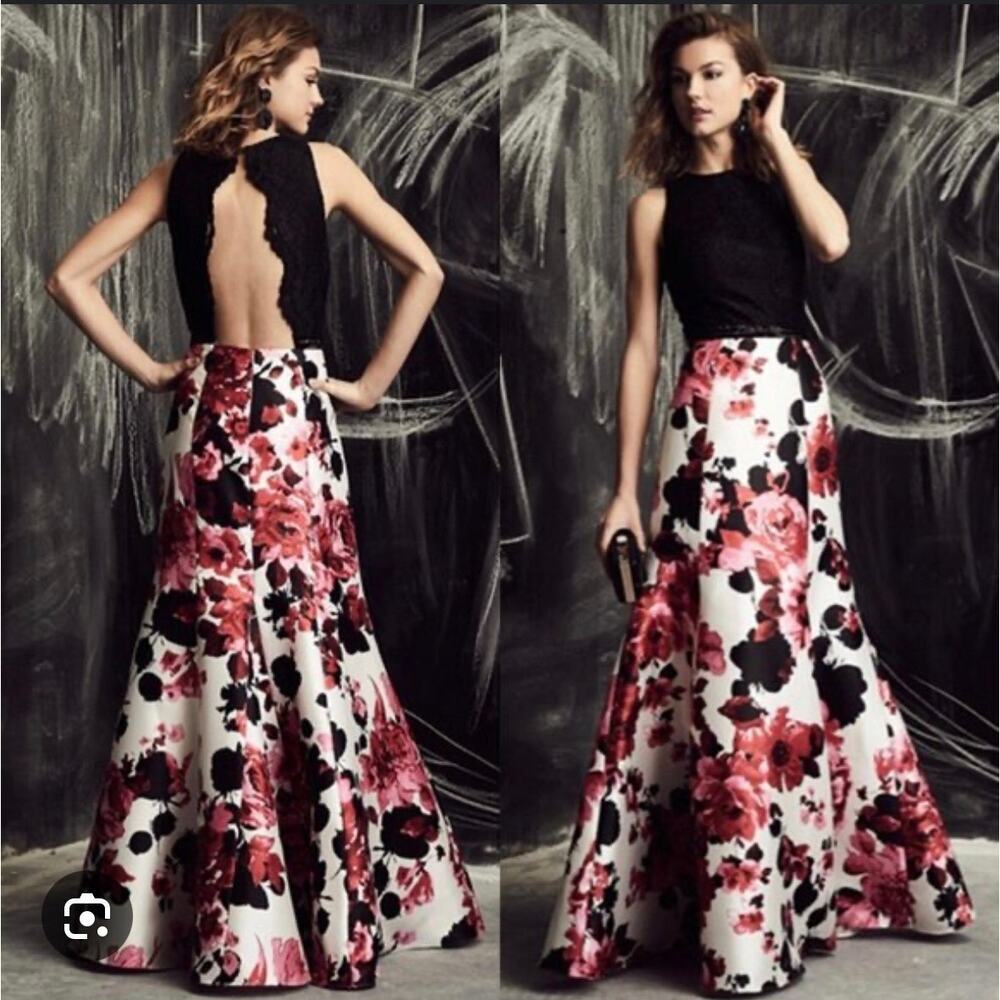 H10 Ignite Evenings Floral Gown Womens 14 Black Pink Open Back‎ Maxi Dress